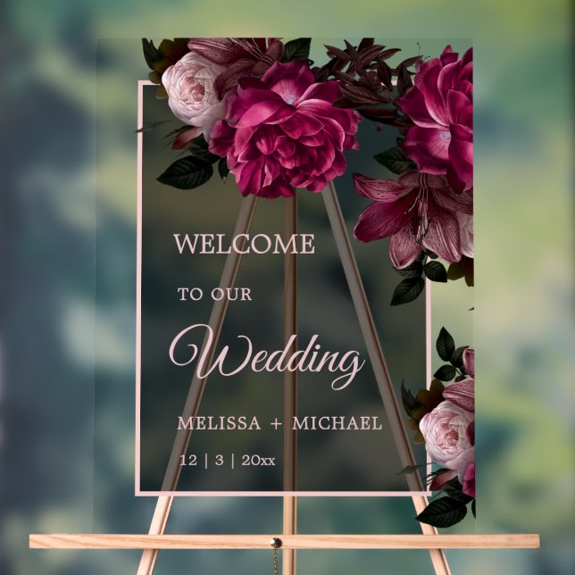 Hand Drawn Romantic Roses Wedding Welcome Acrylic Sign (Neutral)
