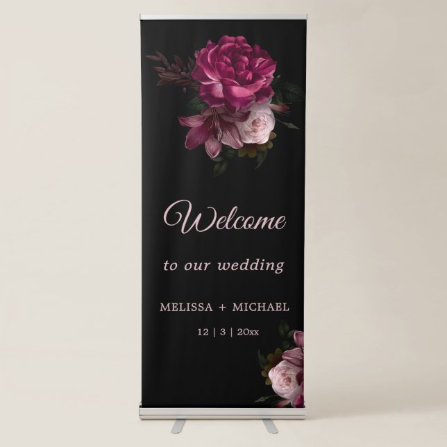 Hand Drawn Romantic Roses Wedding Welcome Retractable Banner (Front)
