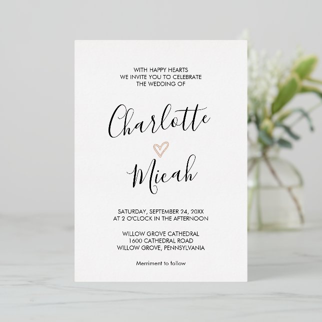 Hand Drawn Rose Gold Foil Heart Wedding Invitation (Standing Front)