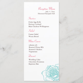 Hand drawn rose reception menu turquoise