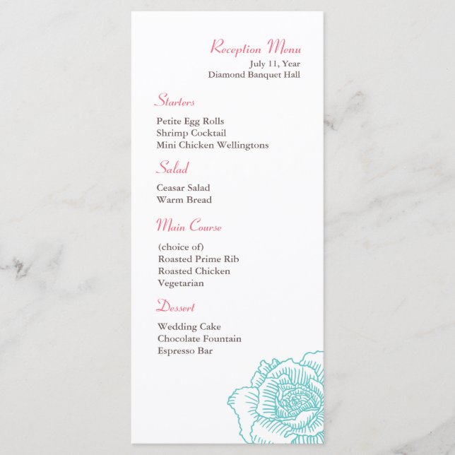 Hand drawn rose reception menu turquoise (Front)