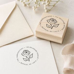 Hand-Drawn Rose Romantic Round Return Address Rubber Stamp