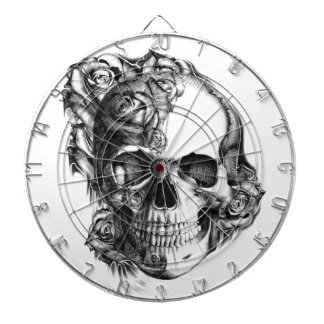 Hand drawn rose skull in black and white. dartboard with darts