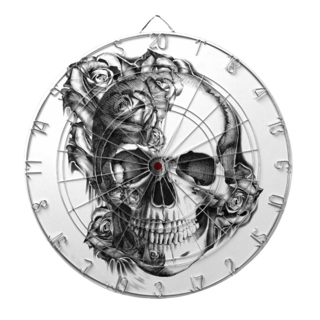 Hand drawn rose skull in black and white. dartboard with darts (Front)