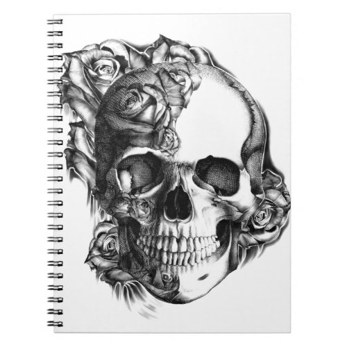 Hand drawn rose skull in black and white notebook