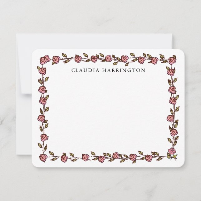 Hand-Drawn Roses Personalized Floral Botanical Note Card (Front)