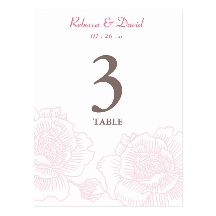 Hand drawn roses table number pink post cards