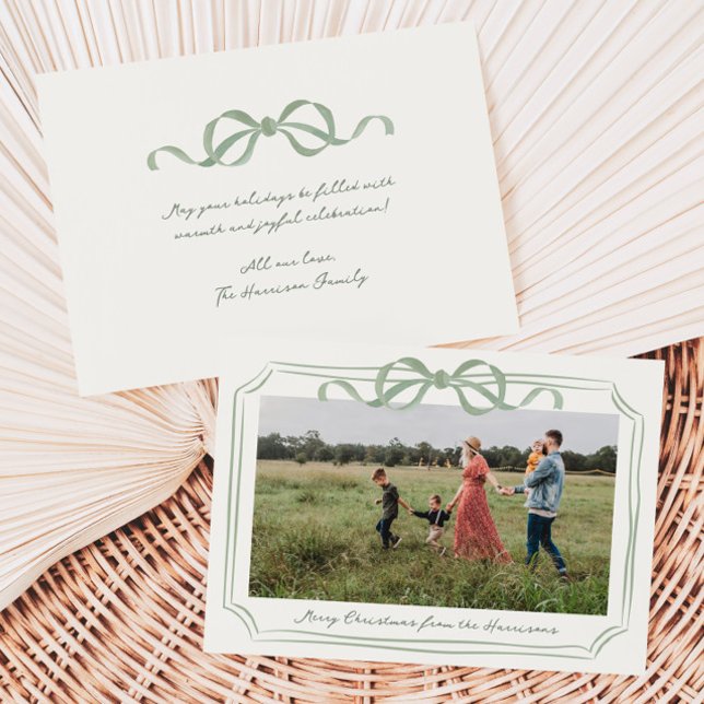 Hand Drawn Sage Green Bow Frame Holiday Card (Creator Uploaded)