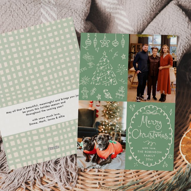 Hand Drawn Sage Green Merry Christmas 2 Photo Holiday Card (Creator Uploaded)