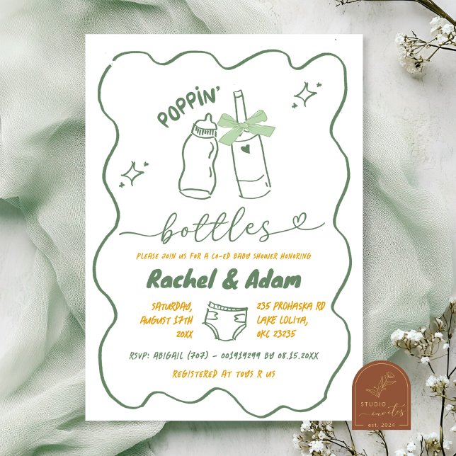 Hand Drawn Sage Green Poppin Bottles Baby Shower Invitation (Creator Uploaded)