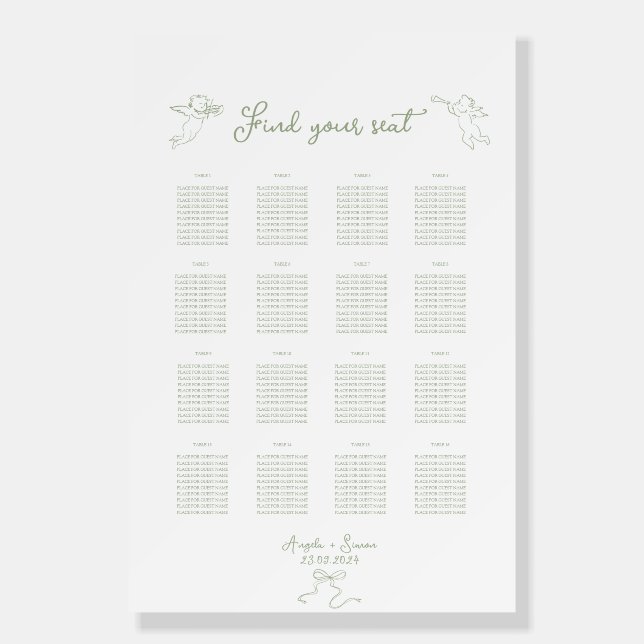 Hand drawn Sage Green Wedding Seating Chart Sign (Front)