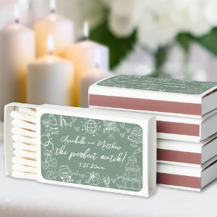 Hand Drawn Sage Green Whimsical Wedding Matchboxes