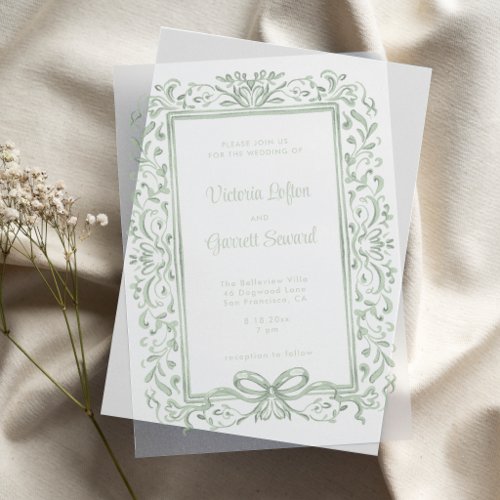 Hand Drawn Sage Vintage Bow & Leafy Border Vellum Invitations