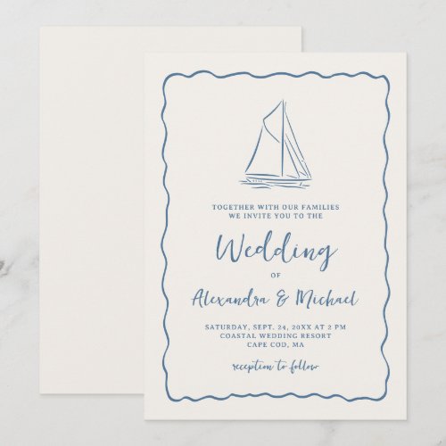 Hand Drawn Sailboat Blue Ivory Nautical Wedding