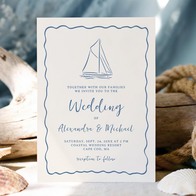 Hand Drawn Sailboat Blue Ivory Nautical Wedding Invitation (Creator Uploaded)
