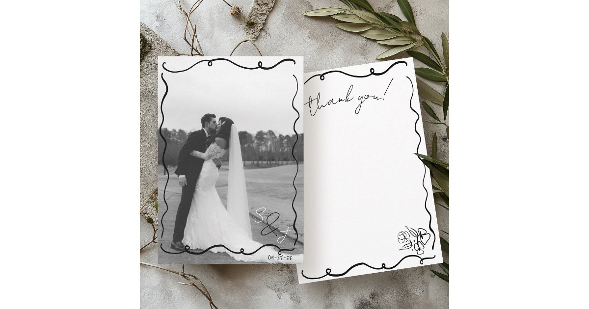 Hand Drawn Scribble Black & White Photo Wedding Thank You Card | Zazzle
