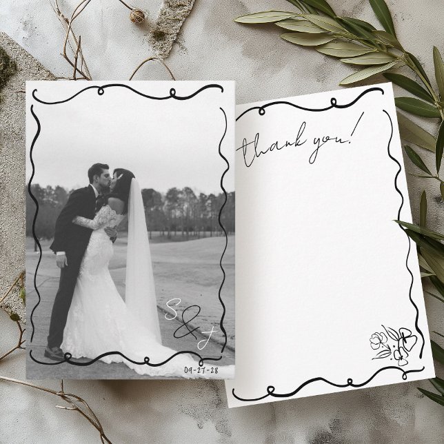 Hand Drawn Scribble Black & White Photo Wedding Thank You Card (Modern trendy black & white minimalist hand drawn handwritten monogram wedding photo thank you card)