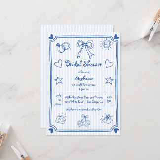 Hand drawn scribble blue stripes bridal shower Invitation