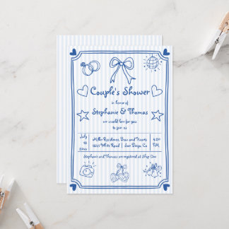 Hand drawn scribble blue stripes couple's shower Invitation