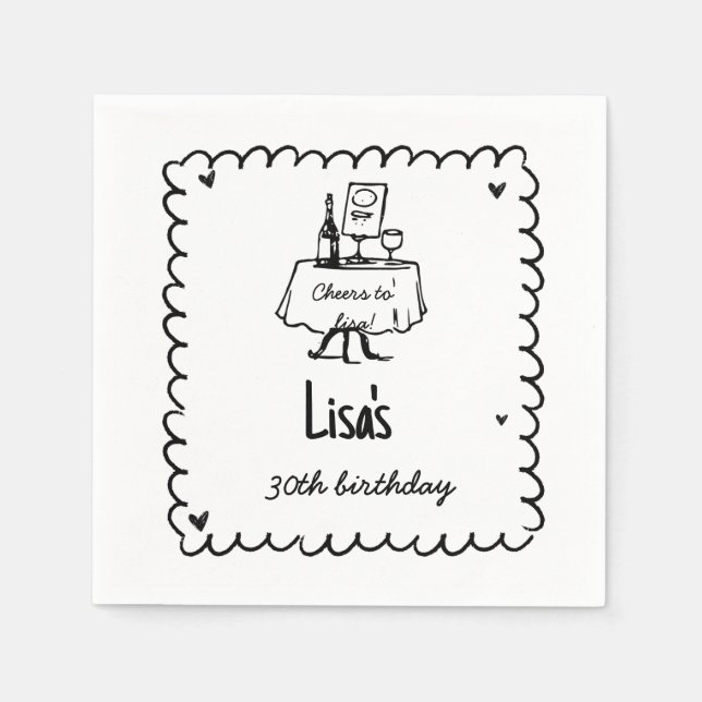 Hand Drawn Scribble Cocktail 30th, 40th Birthday Napkins (Front)