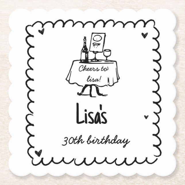 Hand Drawn Scribble Cocktail 30th, 40th Birthday Paper Coaster (Front)