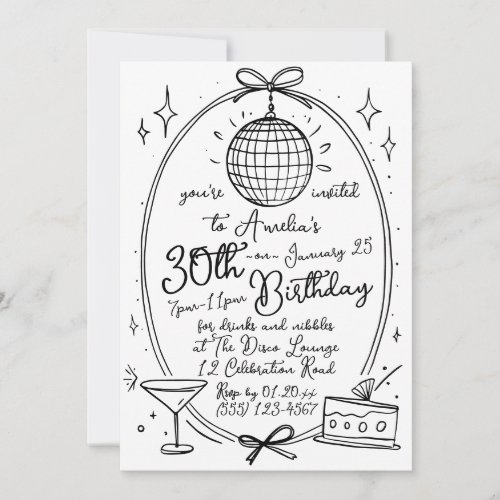 Hand Drawn Scribble Cocktail 30th Any Age Invitation