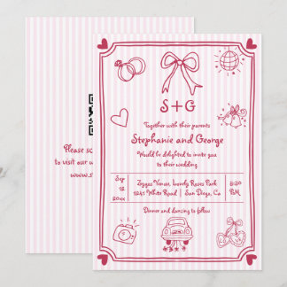 Hand drawn scribble doodle pink QR code wedding Invitation