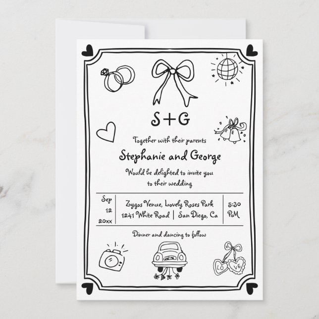  Hand drawn scribble doodle whimsical wedding Invitation (Front)