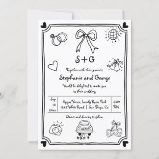 Hand drawn scribble doodle whimsical wedding Invitation