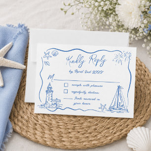 Hand Drawn Scribble Doodles Beach Coastal Wedding  RSVP Card