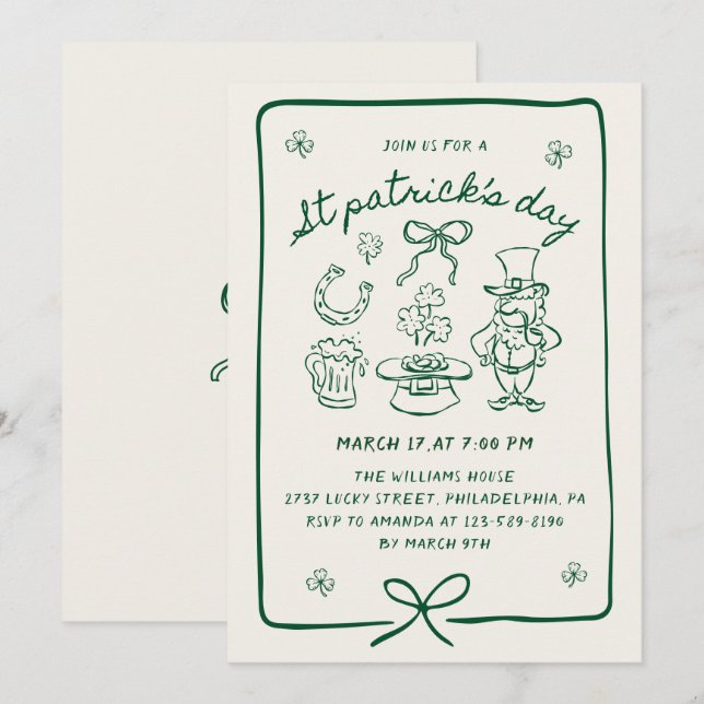 Hand Drawn Scribble Doodles Bow St Patrick's Day  Invitation (Front/Back)