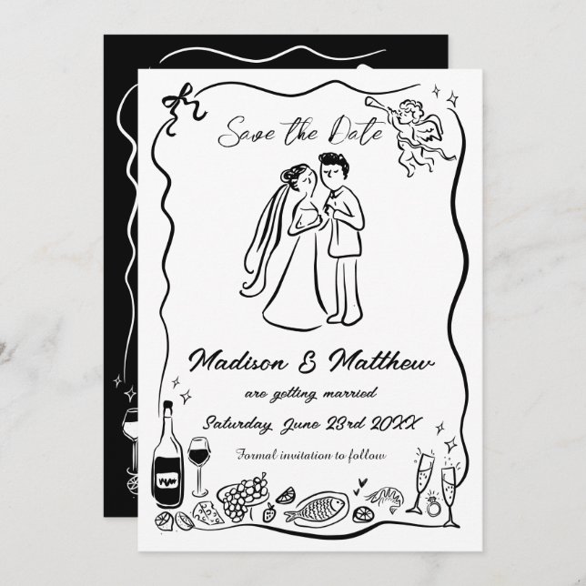 Hand Drawn Scribble Doodles Bride & Groom Wedding Save The Date (Front/Back)