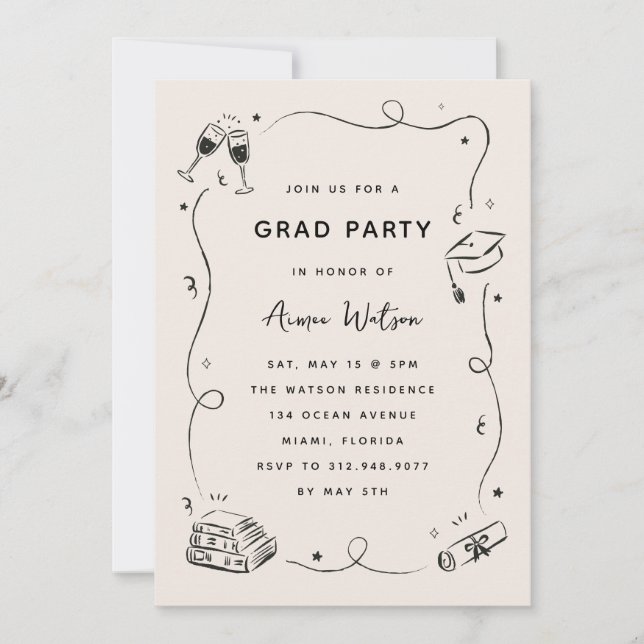 Hand-Drawn Scribble Doodles Graduation Party Invitation (Front)