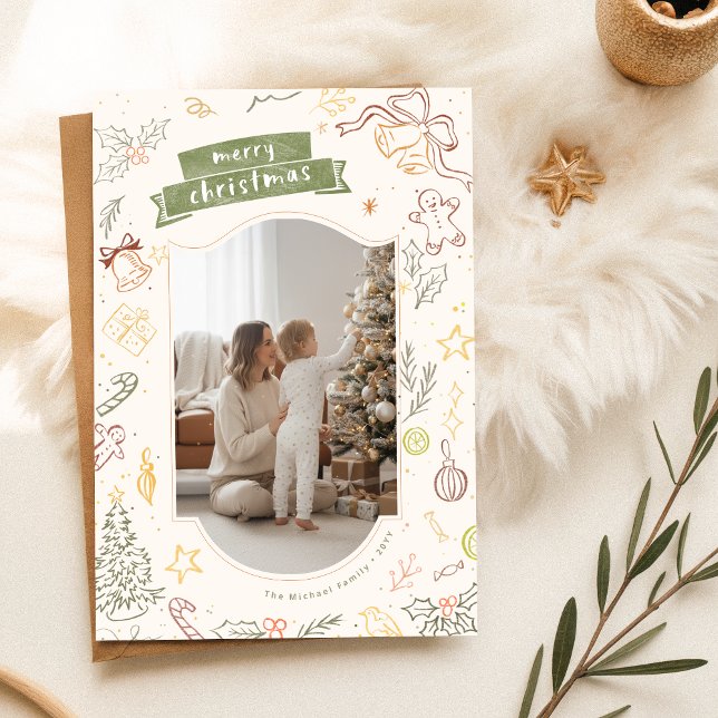Hand Drawn Scribble Family Kid Photo Christmas Holiday Card (Creator Uploaded)