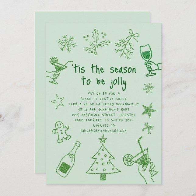 Hand Drawn Scribble Glitter Green Christmas Party Invitation (Front/Back)