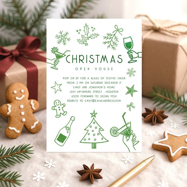 Hand Drawn Scribble Green Glitter Christmas Party Invitation (Creator Uploaded)
