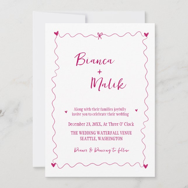 Hand drawn Scribble Pink illustration Wedding Invitation (Front)