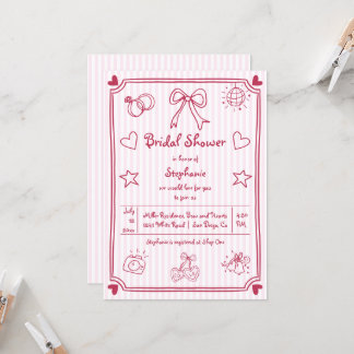 Hand drawn scribble pink stripes bridal shower Invitation