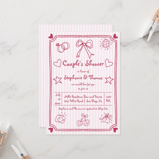  Hand drawn scribble pink stripes couple's shower Invitation (Front/Back In Situ)