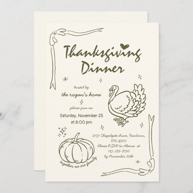 Hand Drawn Scribble Pumpkin Turkey Thanksgiving  Invitation (Front/Back)