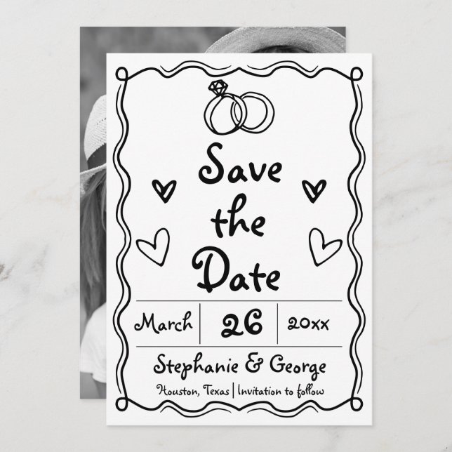  Hand drawn scribble squiggle whimsical wedding Save The Date (Front/Back)