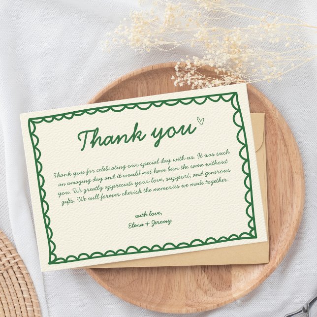 Hand Drawn Scribble Vintage Green French Wedding Thank You Card (thank you hand written wedding card)
