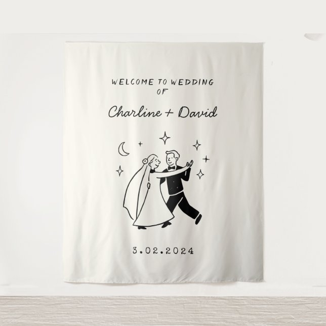 Hand Drawn Scribble Wedding Welcome Tapestry (Front)