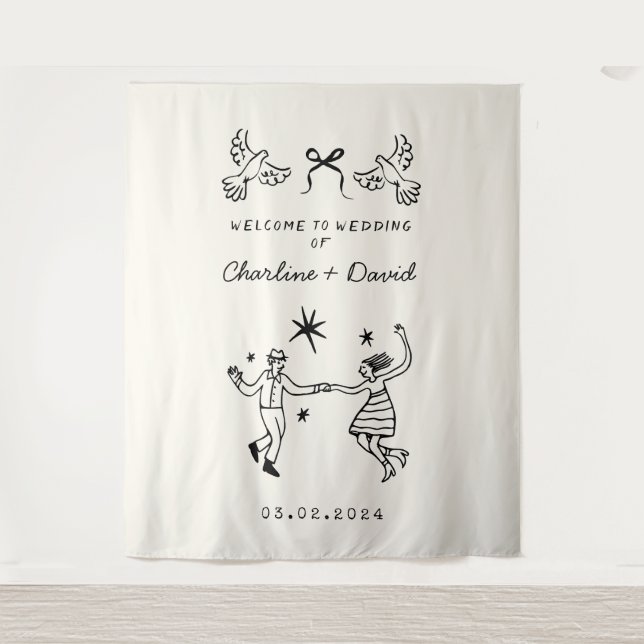 Hand Drawn Scribble Wedding Welcome Tapestry (Front)