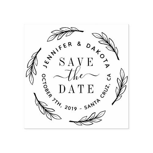Hand Drawn Script  Botanical Wreath Save The Date Rubber Stamp