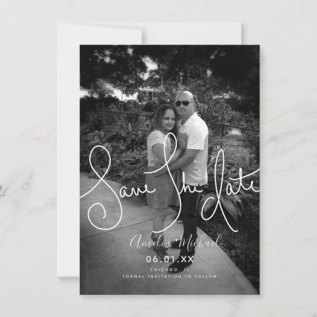 Hand Drawn Script Save the Date Black White Photo Card (Front)