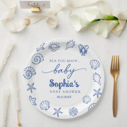 Hand drawn sea you soon, under the sea baby shower paper plates