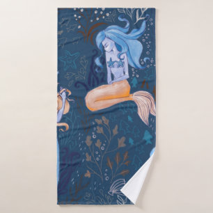 Hand-drawn seamless pattern of beautiful mermaid c bath towel