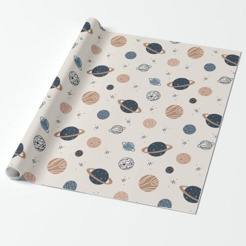 Hand Drawn Seamless Pattern with Planets Wrapping Paper