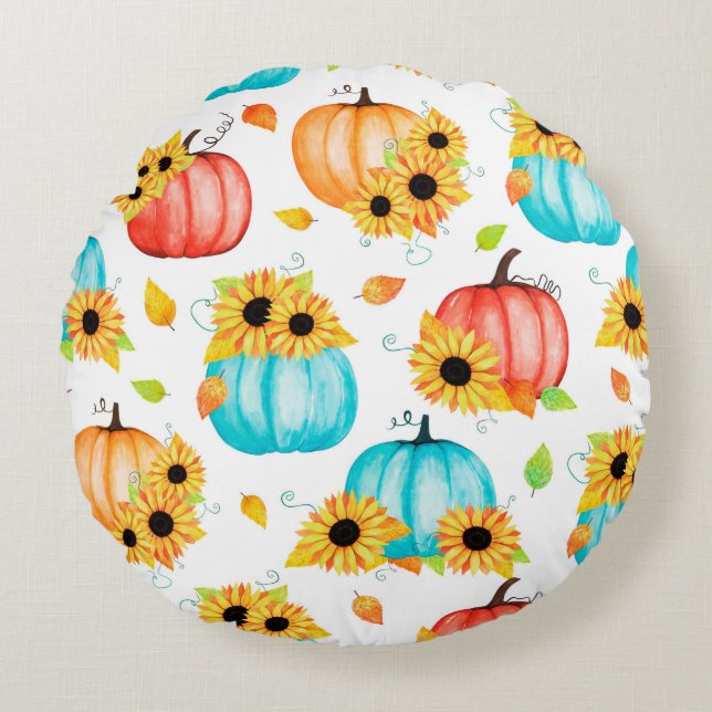 Hand drawn seamless pattern with sunflowers pumpki round pillow (Front)
